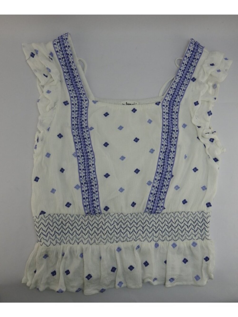 in Loom White Blue Embroidered Smocked Ruffle Crop Top Sz S Boho Cottagecore - Picture 7 of 7